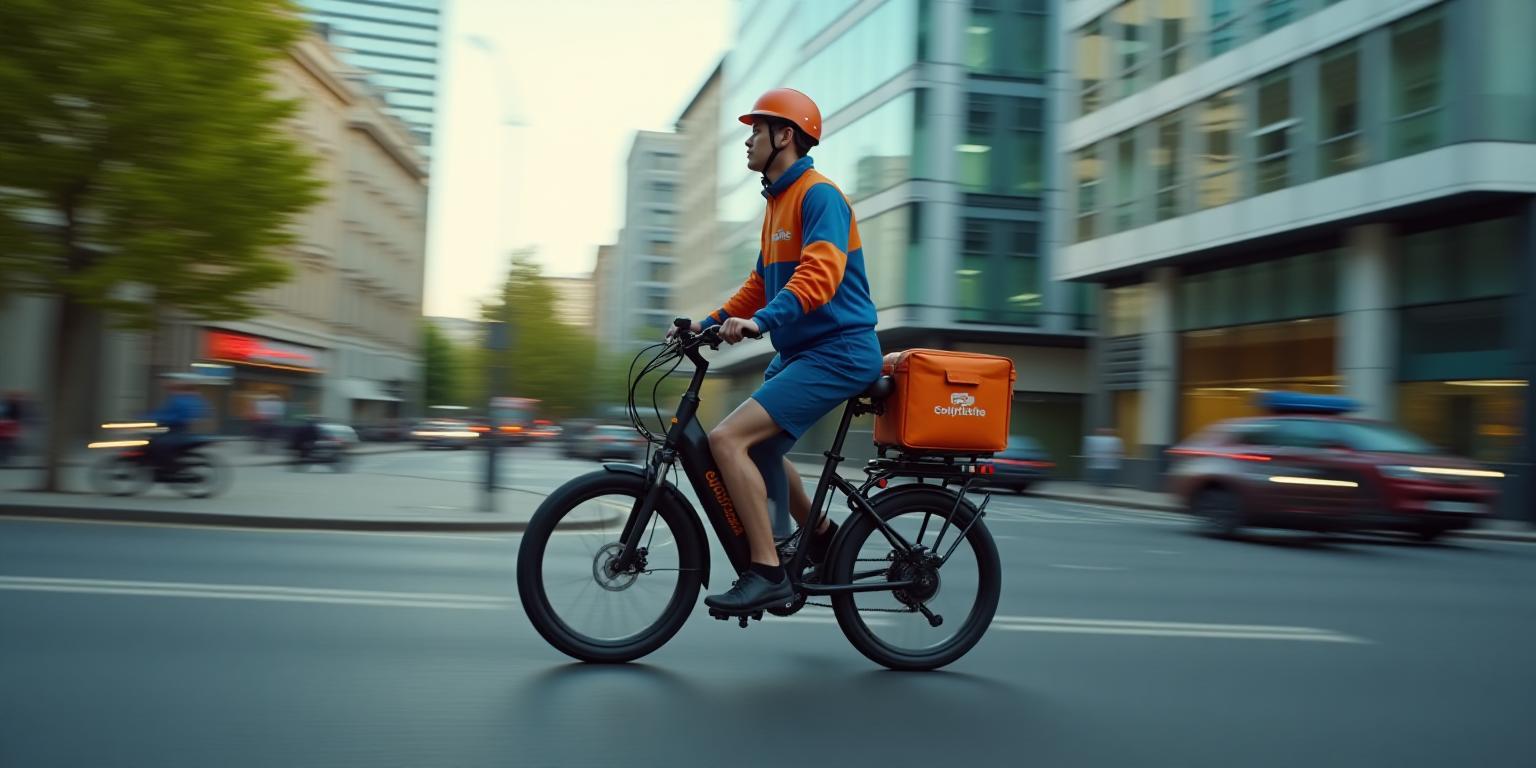 SwiftBite courier delivering food with cityscape in the background